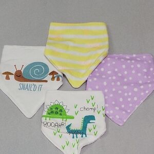 Striped Yellow, Lavender & White Baby Bandana Bib Set - Cute Dino & Snail Prints